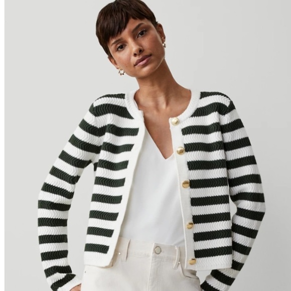 Ann Taylor Sweaters - Striped Green and White Cardigan Petite XS NWOT